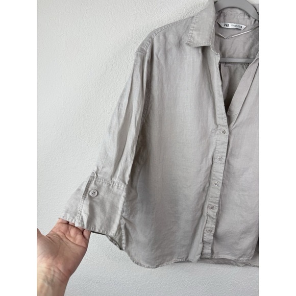 ZARA 100% Linen Button Up Shirt Womens M Oversized Relaxed Neutral Beach Resort - Picture 5 of 7